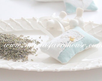 Aromatherapy, French Dried Hanging Lavender Sachet with Satin Ribbon, Vintage Doilie and Rhinestone, Gifts for Her