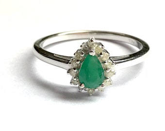 EMERALD DIAMOND RING, May birthstone , Halo Diamond Ring,emerald engagement ring, Pear emerald ring, antique emerald ring ,emerald jewellery