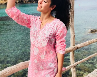 Ibiza tunic in muslin cotton with hand embroidery