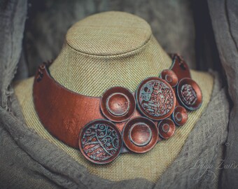 Distressed copper Statement necklace Bib necklace copper necklace polymer clay necklace Large necklace patina necklace polymer clay necklace
