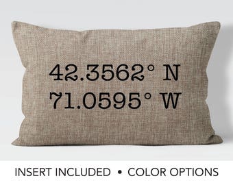 Latitude Longitude GPS Coordinates Pillow, new home gift, moving away gift, going away gift, hostess gift, housewarming gift, custom pillow,