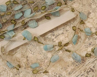 RARE Antique Vintage French 1900's Antique Blue SILK Hand Made Ribbon ROSETTES Flowers Trim