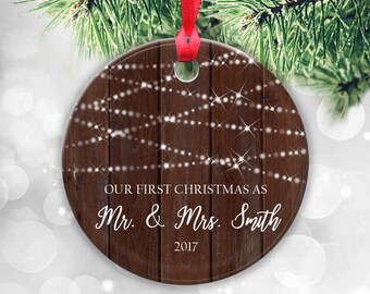 Rustic First Christmas as Mr & Mrs Ornament Our First Christmas Married Ornament Newlywed Christmas Ornament Wedding Ornament Wood Print