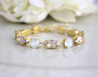 White opal Bracelet, Bridal bracelet, Bridal jewelry, Wedding bracelet, Swarovski bracelet, Gold bracelet, Tennis bracelet, Champagne