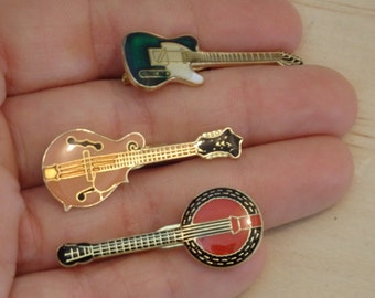 Vintage Enamel Guitar Bar Pins--Lot of 3. Banjo 80's retro hipster red blue gold guitarist musician music gift