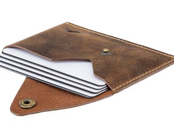 Business Card Holder - A-SLIM - Raw Tan - Distressed Leather - Tsuki - Card Case - Minimalist Wallet - Button Wallet - Front Pocket Wallet