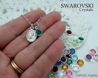 Our Lady of Lourdes Mini Medal Plus SWAROVSKI Birthstone Crystal - St. Bernadette Saint Stainless Steel Birth Stone Tiny Catholic Necklace