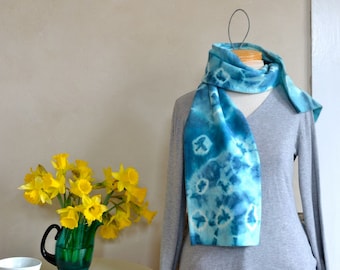 Hand Eco Dyed Scarf Bohemian Tie Dye Circles Bright Aqua Light Blue Wool Shibori Style