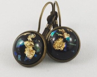 Resin Earrings - Gold Flake - Lever Backs - Minimalist Earrings - Everyday Earrings - Iridescent Earrings - Black Earrings - Bronze Earrings