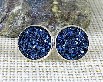 Midnight Blue Druzy Earrings - Druzy - Drusy - Stud Earrings - Bridesmaid Gift - Blue - Jewelry - Bridesmaid Earrings - Druzy Jewelry -