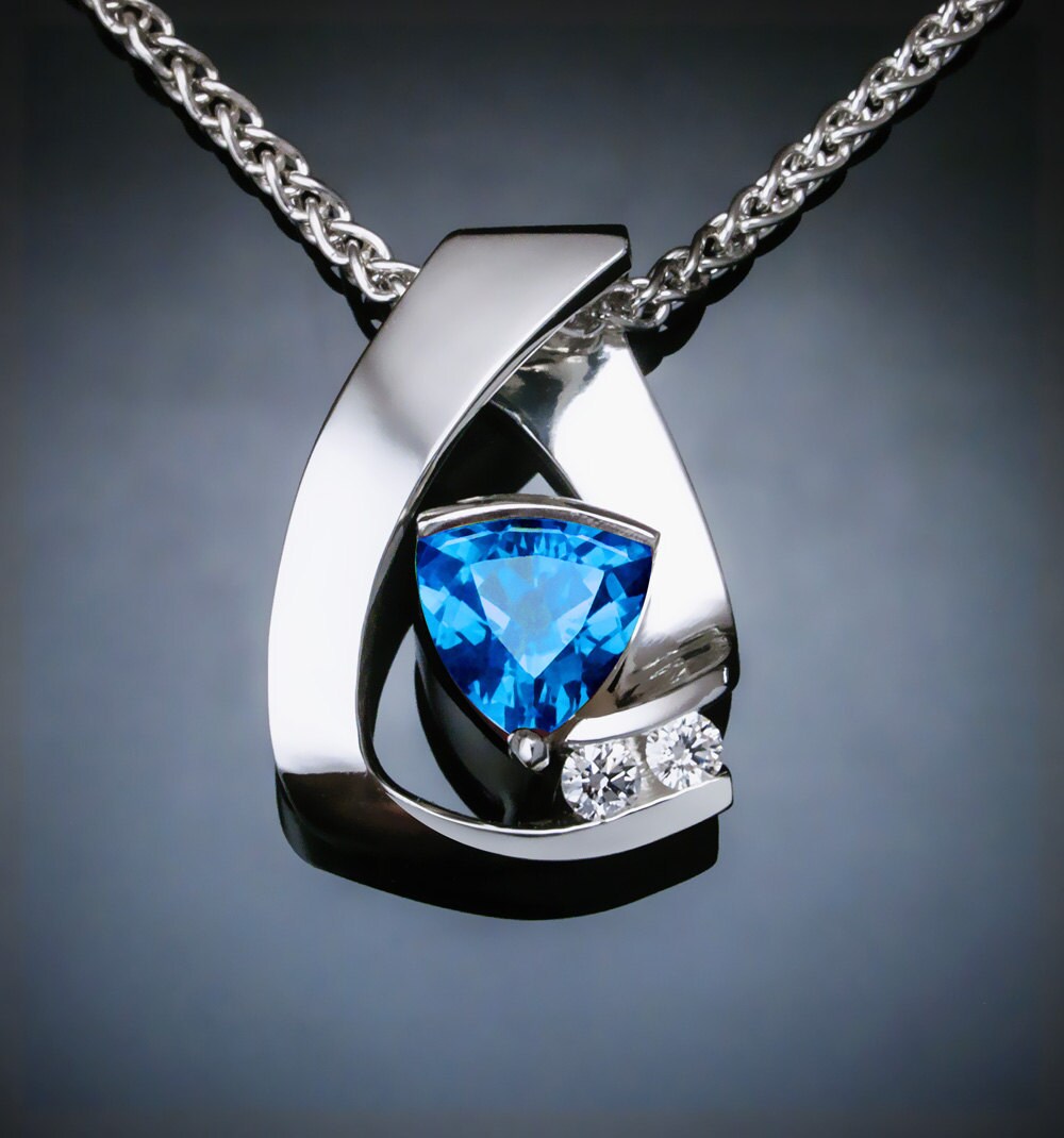 Swiss blue topaz necklace, blue topaz pendant, white sapphire necklace ...