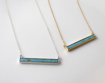 Skinny turquoise bar necklace, layering bar necklace, turquoise necklace, framed turquoise pendant available in gold or silver