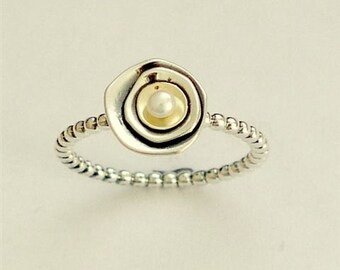 Delicate pearl ring, Silver dotted ring, skinny ring, stacking ring, dainty ring, twotone ring, thin engagement ring - White night R1683