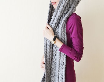 Hooded scarf Chunky scarf Knit scarf Scoodie Gray hooded scarf Wool scarf Hood scarf Cable knit scarf Oversized scarf Long scarf Womens gift