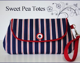 Snap and Go Nautical inspired, Red, White and Blue Striped Wristlet / Vintage Button