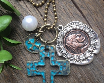Turqouise Cross Pendant w/Indian Coin, Cross Pendant, Turqouise, Antique Brass