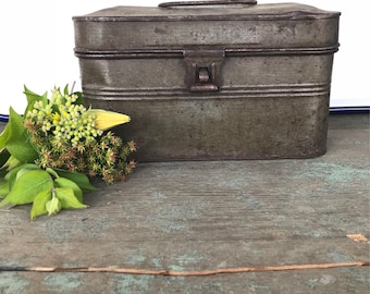Vintage or Antique Tin Miner's Lunchbox - Antique Metal Lunchbox - Antique Tin Coalminers' Lunchbox with Two Handles - Vintage Lunchbox