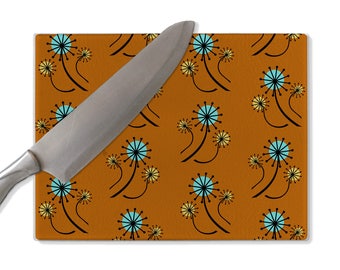 Dandelions glass cutting board, floral cutting board, mid century modern, mcm, turquoise blue, burnt orange, yellow