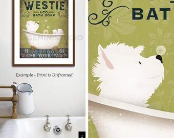 Westie West highland Terrier dog bath soap Company vintage style artwork by Stephen Fowler Giclee Signed Print