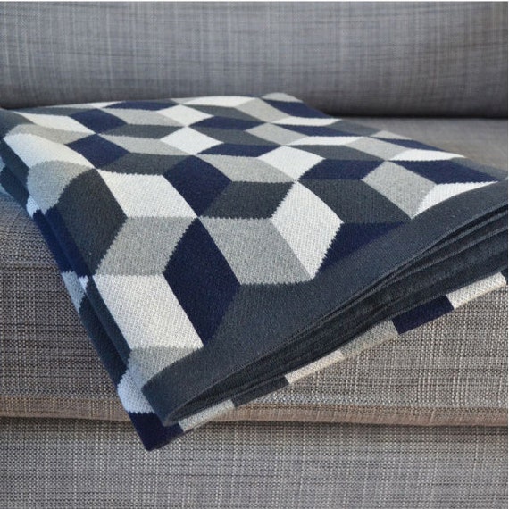 Grey & Navy 100 Cotton knit throw