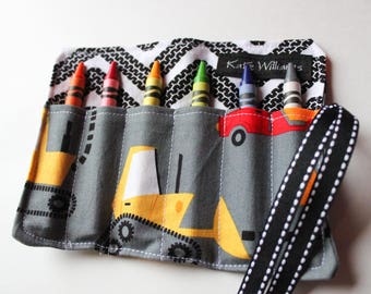 Valentines Day Gift-Christmas Gift-Crayon Roll-Crayon Holder-Construction Trucks-Boy Birthday Gift-Travel Toy-Kid Craft-Kid Toy-Crayons