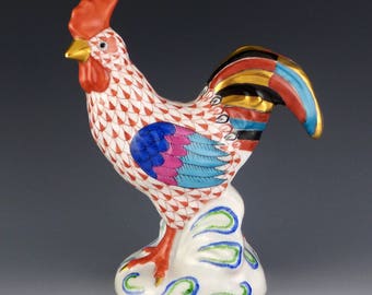 Herend ROOSTER 5 1/2" Rust Fishnet Poultry Figurine 5032 Hand Painted Hungary