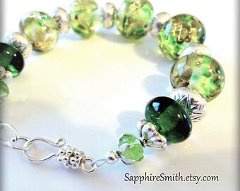 50% off CHARTREUSE Olive Green Gold Metallic Artisan Lampwork Glass Bead & Hill Tribe Fine Silver Bracelet
