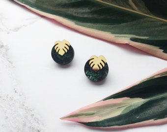 Gold Monstera Stud Earrings - Botanical Earrings - Modern Earrings - Green Leaf Stud Earrings - Leaf Earrings - Cheese Plant Earrings