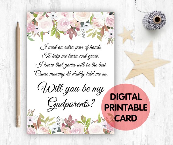 PRINTABLE will you be my godparents card, godparents card, printable godparents card, godparents poem, floral, i need an extra pair of hands