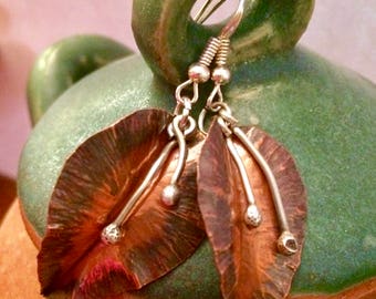 Nature Girl Copper and Silver Earrings - Copper Artisan Dangles - Copper Leaves