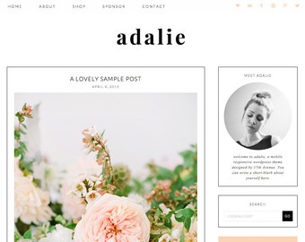 Wordpress Theme Premade Blog Template Design - "Adalie" Instant Digital Download