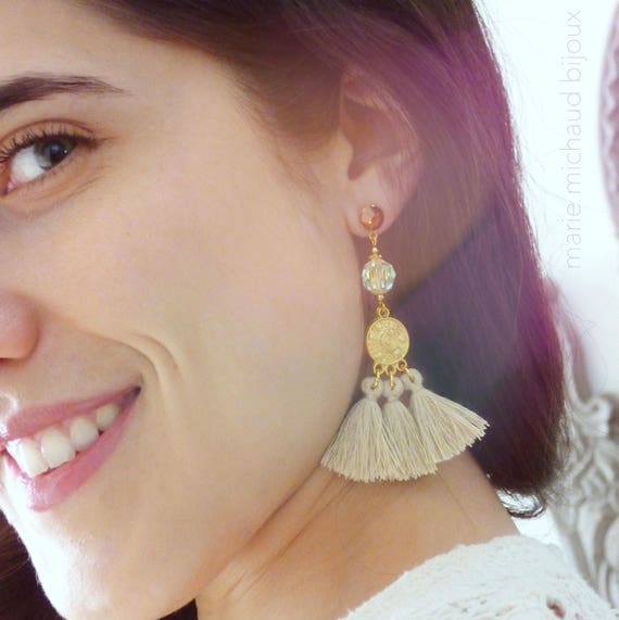 Statement earrings,Tassel earrings,Boho chic earrings,Party earrings,Party jewelry,Statement jewelry,Beige earrings,Boho chic jewelry