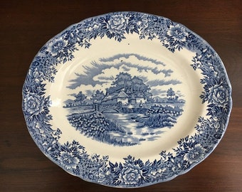 Vintage Blue and White Transferware Staffordshire English Village Platter by Salem China Co. England 12”