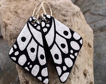 DICHROIC EARRINGS Butterfly Wings Silver & Black Hand Etched Fused Glass with Sterling Silver Hooks