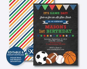 Instant Download, Editable All Star Birthday Invitation, All Star Invitation, Sports Invitation, All Star Boy Invitation, Chalkboard(CKB.81)