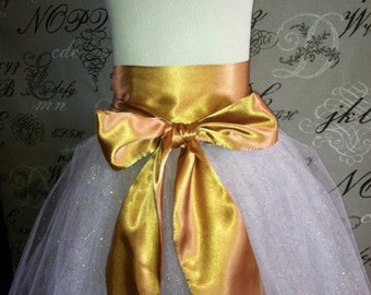 Tulle Tutu with Custom Color Sash Glitter Halloween Costume Dress Up Wedding Bridesmaids Flower Girl Disney Princess Tutu Skirt White Gold