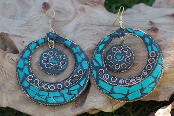 TURQUOISE CHIP EARRINGS - Vintage - Handmade - Bespoke - Tribal - Mosaic - Gypsy - One of a Kind - Statement - Festival - Indian - Tibetan