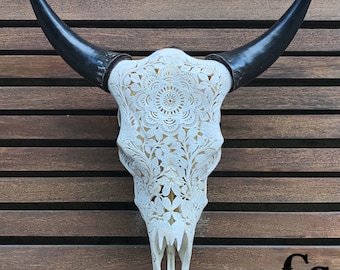 Real Carved Cow Skull Head, Mandala Design, Bull Skull, Steer Skull, Animal Skull, Cow Skull Bones, Skull Art, Bone Art, Skull Decor, White