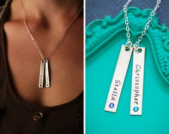 Silver Stamped Bar Necklace • Birthstone Bar Mom Birthday Birthstone Necklace • Name Vertical Bar • Gift Day Mother Children BS_18 QQQ