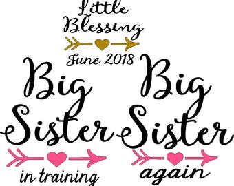 Big Sister Again Big Sister in training LIttle Blessing with date custom set of 3 iron on decals leave date in message at checkout