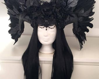 Horns Headpiece Gothic head jewelry black feather horns Headdress