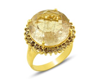 Rutilized Quartz and Champagne diamond ring