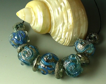 Lampwork beads/SRA lampwork/beads/handmade beads/silver/blue/metallic/frit/ice cave/