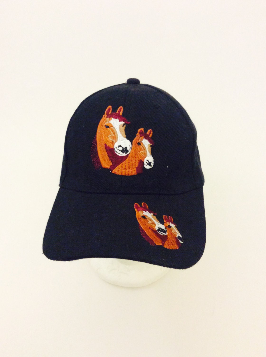 Horse Heads Trucker Hat Black Baseball Cap with Brown