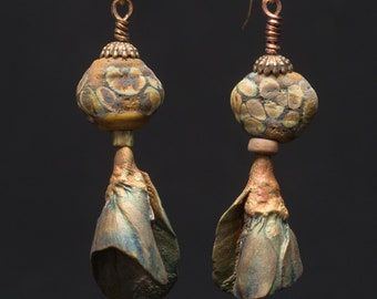 Magical earrings For a Faerie Queene, softly folding wings in woodland colors and pearlesence, anchored to mothy bodies of rustic glass