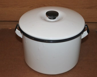 Enamelware Stock Pot with Lid Vintage Black Trim