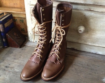 Golden Retrievers Ankle Roper Kiltie Work Boots Made in USA Chestnut Brown Leather Lace Up Size 6 US