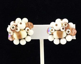 Japanese Bead Cluster Earrings, Brown and White, Clip On, Vintage, Mid Century