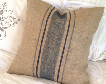 French Grainsack Burlap Pillow Cover with Blue Stripes Farmhouse/Lakehouse/Beach/Nautical/Coatal/Rustic/Cottage Chic Decor
