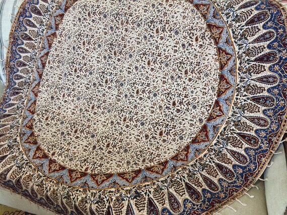 Traditional original hand printed round tablecloth 60", cotton tapestry with natural dyes and tassels